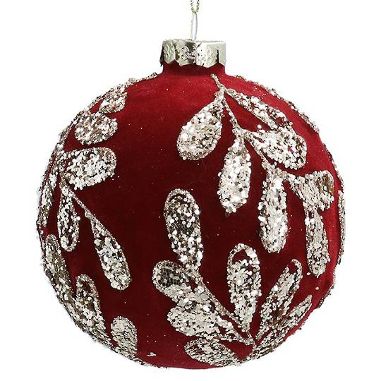 Glass Ball Large Burgundy Flock, Gold Vine 10cm *ETA Nov